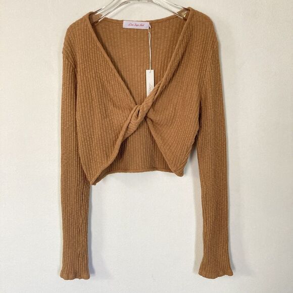 Lisa Says Gah Crop Top XL Caro Twist Front Rib Knit Tan Brown Long Sleeve - Picture 4 of 11